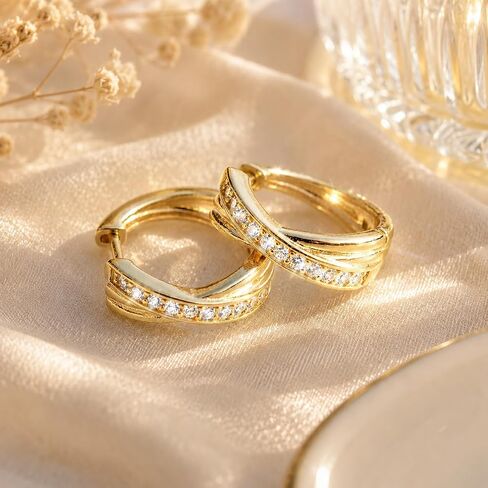 14K Gold Hoop Earrings for Women X-Shaped CZ Diamond Huggie Earrings Small Twisted Crossover Hoops 17mm Lightweight Hypoallergenic Everyday Jewelry Gifts in Kuwait