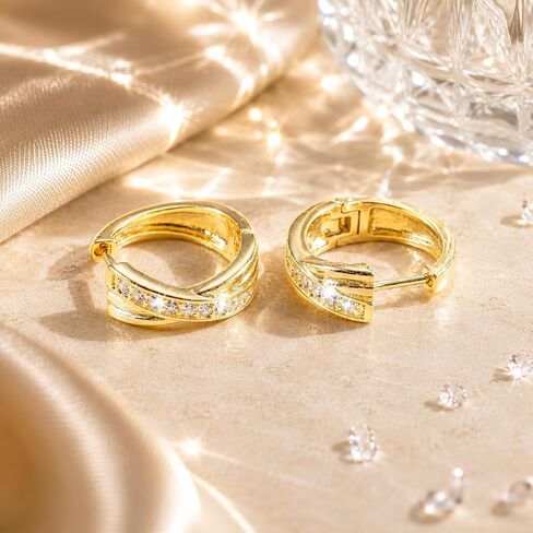 14K Gold Hoop Earrings for Women X-Shaped CZ Diamond Huggie Earrings Small Twisted Crossover Hoops 17mm Lightweight Hypoallergenic Everyday Jewelry Gifts in Kuwait