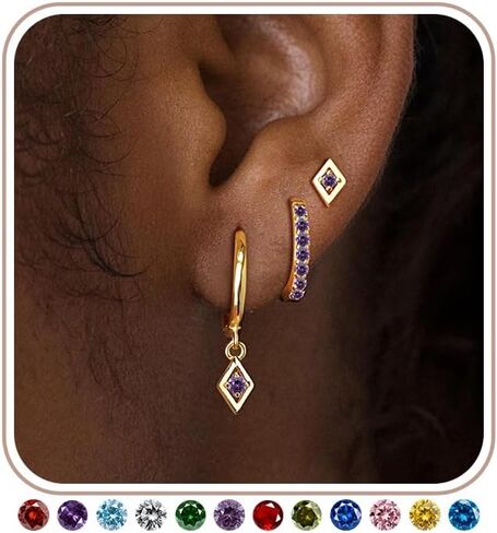 3 pairs Stud Gold Hoop Earrings for Women, Dainty 14K Gold Plated Birthstone Zirconia Earring Hypoallergenic Dangle Huggie Diamond Cartilage Helix Piercing Earrings Set Jewelry for Women Gifts in Saudi Arabia