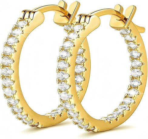 14K Yellow Gold Hoop Earrings, Cubic Zirconia Huggie Hoop Earrings for Women, Sparkling Marquise CZ Pave-Set Small Hoops, Hypoallergenic Click-Top Earrings for Daily Wear & Gifting, 15/20/30/35mm in Saudi Arabia