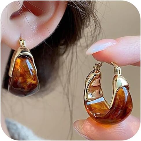 Cute Gold Chunky Brown Crystal Hoop Earrings for Women Statement, Vintage White Resin Stone Circle Drop Earring Exquisite Vacation Valentine Jewelry in Saudi Arabia