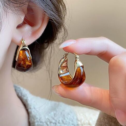 Cute Gold Chunky Brown Crystal Hoop Earrings for Women Statement, Vintage White Resin Stone Circle Drop Earring Exquisite Vacation Valentine Jewelry in Saudi Arabia