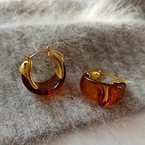 Cute Gold Chunky Brown Crystal Hoop Earrings for Women Statement, Vintage White Resin Stone Circle Drop Earring Exquisite Vacation Valentine Jewelry in Saudi Arabia