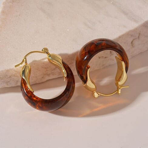 Cute Gold Chunky Brown Crystal Hoop Earrings for Women Statement, Vintage White Resin Stone Circle Drop Earring Exquisite Vacation Valentine Jewelry in Saudi Arabia