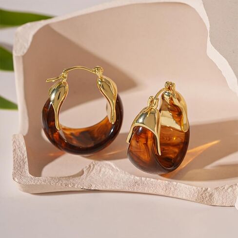 Cute Gold Chunky Brown Crystal Hoop Earrings for Women Statement, Vintage White Resin Stone Circle Drop Earring Exquisite Vacation Valentine Jewelry in Saudi Arabia