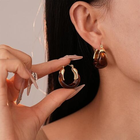 Cute Gold Chunky Brown Crystal Hoop Earrings for Women Statement, Vintage White Resin Stone Circle Drop Earring Exquisite Vacation Valentine Jewelry in Saudi Arabia