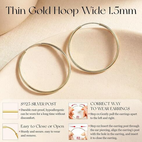 Senteria Thin Gold Hoop Earrings for Women 14k Gold Plated Hoop Earrings Hypoallergenic 925 Sterling Silver Post Lightweight Endless Large Big Gold Hoop Earrings 30/40/50/60/70mm in Kuwait