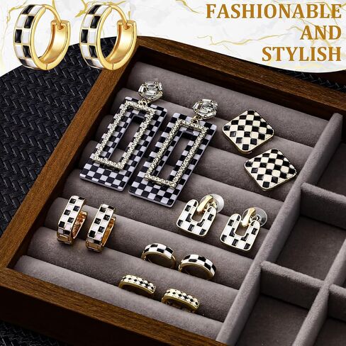 Sureio 6 Pairs Checkered Hoop Earrings Set Black White Plaid Earrings Gold Filled Enamel Dangle Drop White Black Enamel Hooped Gifts in Kuwait