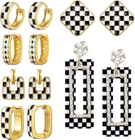 Sureio 6 Pairs Checkered Hoop Earrings Set Black White Plaid Earrings Gold Filled Enamel Dangle Drop White Black Enamel Hooped Gifts in Kuwait