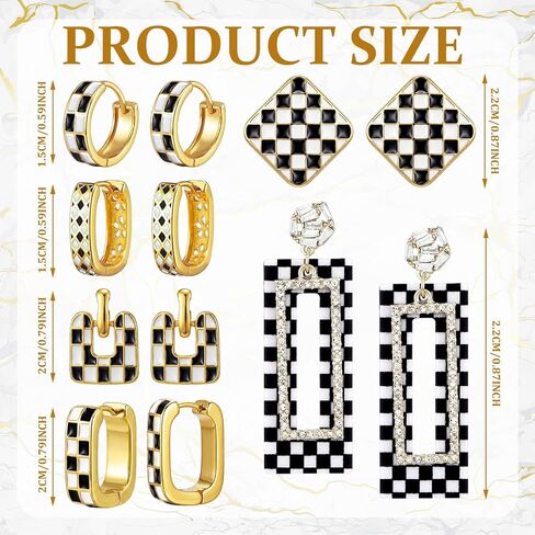Sureio 6 Pairs Checkered Hoop Earrings Set Black White Plaid Earrings Gold Filled Enamel Dangle Drop White Black Enamel Hooped Gifts in Kuwait