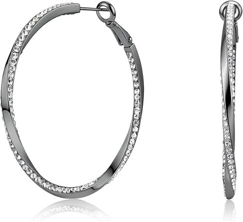Cubic Zirconia Hoop Earrings for Women Non Tarnish,Big Twisted Hypoallergenic Gunmetal Earrings with 925 Sterling Silver Post, Unique Sparkly Statement Black Jewelry for Gift in Saudi Arabia