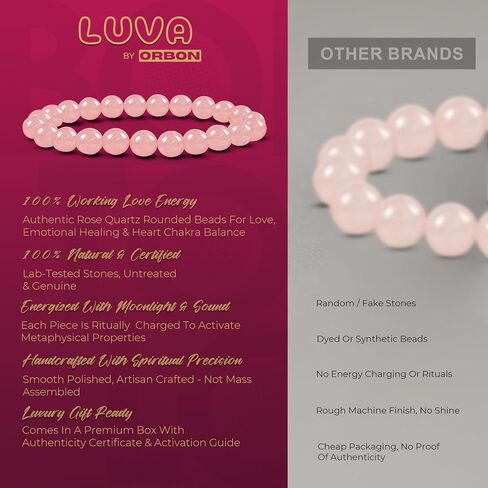 Rose Quartz Bracelet for Women & Men | Original Certified Natural Rose Quartz Crystal Love Stone Bracelet | Self Love & Heart Chakra Energy Jewellery with Activation Card & Authenticity Certificate in Saudi Arabia