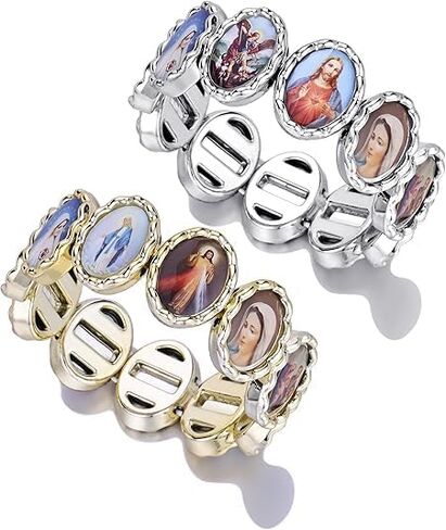 2pcs Gold and Silver Color CCB Jesus Virgin Mary Bracelet Saints Rosary, Stretchable Wooden Small Panel Bracelet, with Images of Religious Saints Jesus Gift for Men & Women in Saudi Arabia