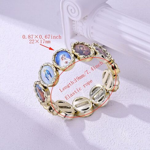 2pcs Gold and Silver Color CCB Jesus Virgin Mary Bracelet Saints Rosary, Stretchable Wooden Small Panel Bracelet, with Images of Religious Saints Jesus Gift for Men & Women in Saudi Arabia