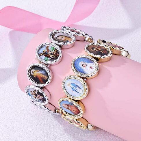 2pcs Gold and Silver Color CCB Jesus Virgin Mary Bracelet Saints Rosary, Stretchable Wooden Small Panel Bracelet, with Images of Religious Saints Jesus Gift for Men & Women in Saudi Arabia