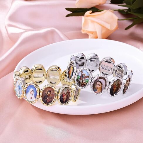 2pcs Gold and Silver Color CCB Jesus Virgin Mary Bracelet Saints Rosary, Stretchable Wooden Small Panel Bracelet, with Images of Religious Saints Jesus Gift for Men & Women in Saudi Arabia