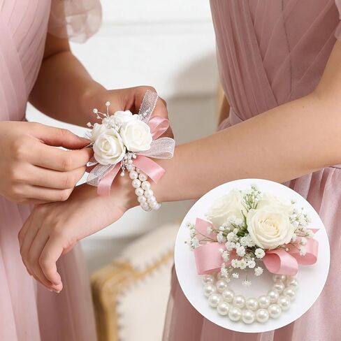 12 Pcs Wrist Corsage Bracelets, Elastic Faux Pearl Bead Corsage Wristlet for Bride Bridesmaid DIY, Stretch Wedding Wristband, White in Kuwait