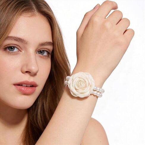 12 Pcs Wrist Corsage Bracelets, Elastic Faux Pearl Bead Corsage Wristlet for Bride Bridesmaid DIY, Stretch Wedding Wristband, White in Kuwait