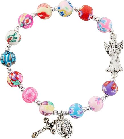 Lunch Money Guardian Angel Flower Bead Rosary Bracelet, 7-1/2" Stretchable in Kuwait