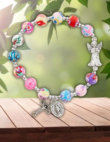 Lunch Money Guardian Angel Flower Bead Rosary Bracelet, 7-1/2" Stretchable in Kuwait