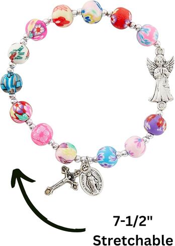 Lunch Money Guardian Angel Flower Bead Rosary Bracelet, 7-1/2" Stretchable in Kuwait