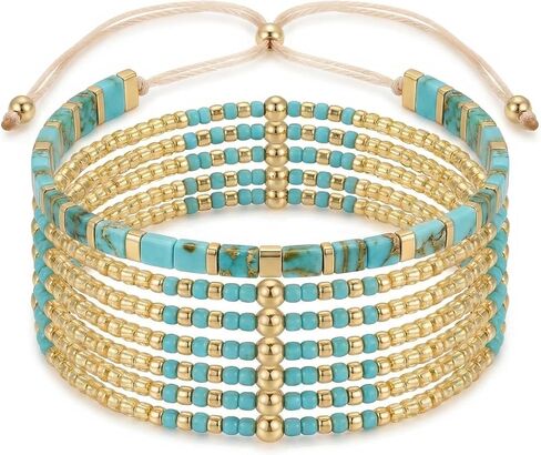 Gold Green Turquoise Yellow Tan Red Pink Black Tila Small Beaded Stack Bracelets Set for Women, Boho Handmade Flat Beads Bracelet Holiday Prom Accessories Jewelry Gift in Kuwait