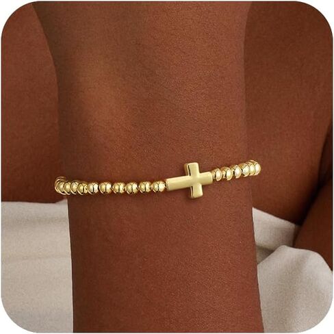 Gold/Silver Bracelets for Women Stackable 14K Gold/Silver Plated Stretch Bracelets Dainty Paperclip Cross Bow Charm Accessories Jewelry for Women Trendy in Kuwait