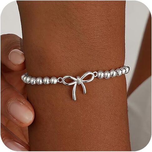 Gold/Silver Bracelets for Women Stackable 14K Gold/Silver Plated Stretch Bracelets Dainty Paperclip Cross Bow Charm Accessories Jewelry for Women Trendy in Kuwait