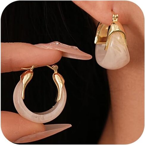 Cute Gold Chunky Brown Crystal Hoop Earrings for Women Statement, Vintage White Resin Stone Circle Drop Earring Exquisite Vacation Valentine Jewelry in Saudi Arabia