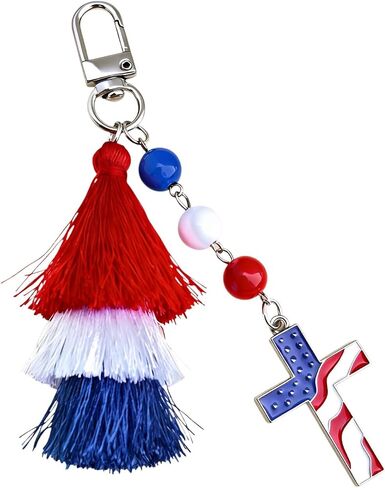 4th of July Keychain with Tassel, Rhinestone Bag Keychain, Red White Blue Beaded Charms for Women Independence Day in Saudi Arabia