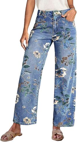 chouyatou Women's Vintage Floral Printed Barrel Jeans Y2k Boyfriend Wide Leg Denim Pants with Pockets in Kuwait