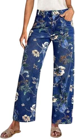 chouyatou Women's Vintage Floral Printed Barrel Jeans Y2k Boyfriend Wide Leg Denim Pants with Pockets in Kuwait