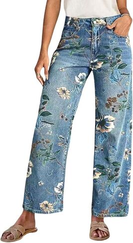 chouyatou Women's Vintage Floral Printed Barrel Jeans Y2k Boyfriend Wide Leg Denim Pants with Pockets in Kuwait