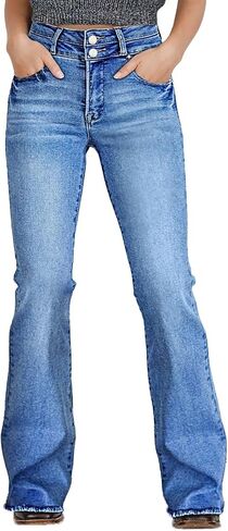 Flamingals Bootcut Jeans for Women Trendy Mid Rise Button Fly Butt Lifting Stretchy Flare Jeans Vintage Western Denim Pants in Kuwait