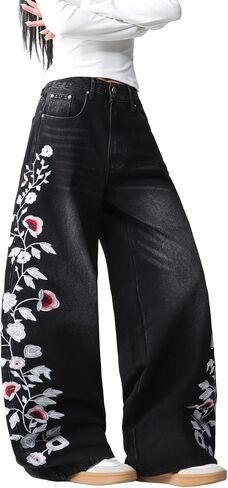 Women's Wide Leg Baggy Jeans Embroidered Stylish Denim Pants Hip Hop Relaxed Y2k Oversized Skater Trousers Streetwear in Saudi Arabia