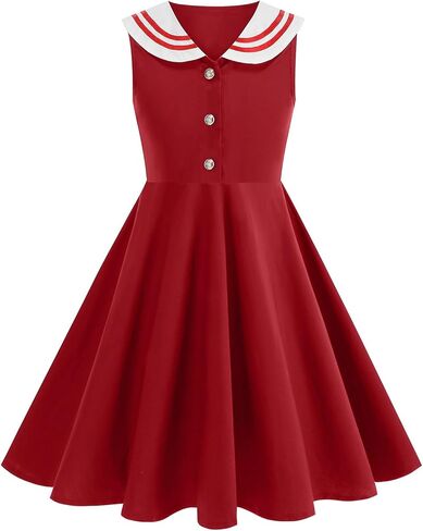 OBEEII Girls Vintage Swing Dress 50s Retro Sleeveless Sailor Collar Cocktail Midi Dress Rockabilly Tea Party Pin Up Sundress in Kuwait