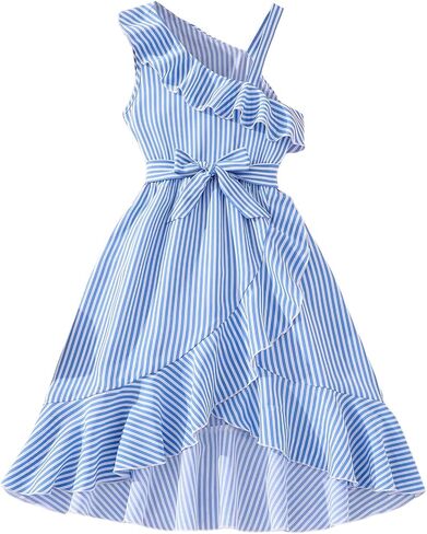 SweatyRocks Girl's Cold Shoulder Ruffle Trim A Line Dresses Striped Sleeveless Asymmetrical Short Dress in Kuwait