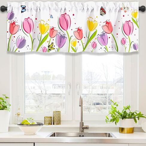 Limike Floral Valances for Windows, Wildflowers Kitchen Curtains Valances, Butterfly Rod Pocket Window Valance Curtains, Spring Valance for Kitchen Windows 1 Panel, 54" W x 18" L in Saudi Arabia