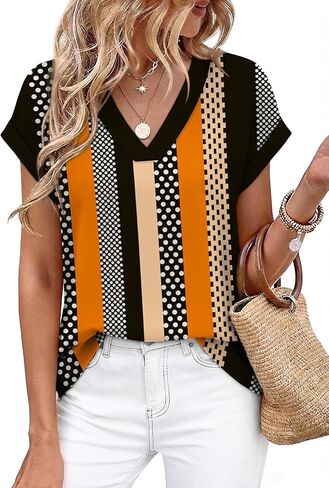 WIHOLL Womens Tops Dressy Casual Rolled Short Sleeve V Neck T Shirts Summer Business Work Blouses Crepe Texture Outfits in Kuwait