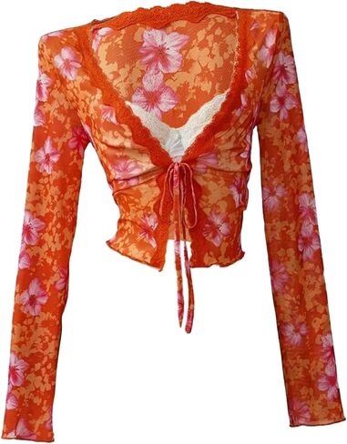 Verdusa Women's Bohemian Lace V Neck Floral Tropical Crop Top Tie Front Long Sleeve Blouse Summer Outfits in Kuwait