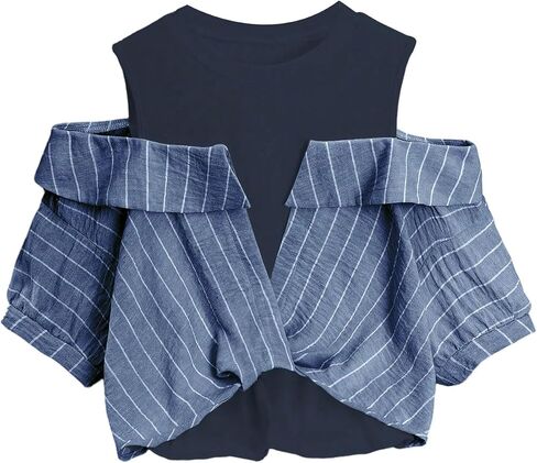 GORGLITTER Women's Cold Shoulder 2 in 1 Tops Pinstriped Twist Short Sleeve Casual Blouses Fake Two Piece Tops in Kuwait
