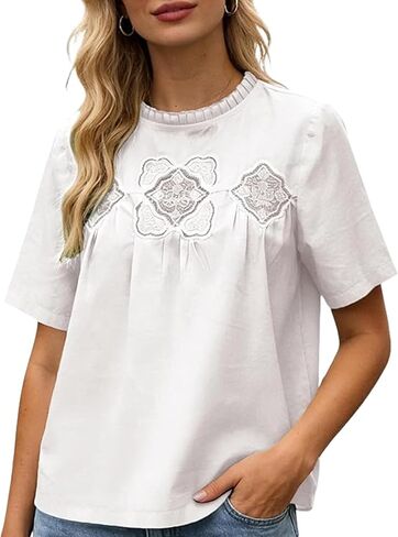 Women's Lace Blouse Embroidered Babydoll Shirts Short Sleeve Crew Neck Loose Fit Summer Tops in Saudi Arabia