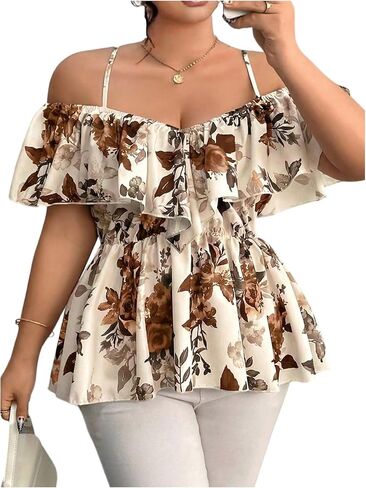 GORGLITTER Women's Plus Size Peplum Babydoll Top Dressy Boho Summer Floral Off Shoulder Short Sleeve Going Out Tops in Kuwait