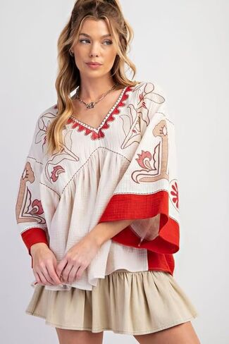 بلوزة فلاحية مطرزة، فتحة عنق على شكل حرف V، وأكمام كيمونو مع تطريز زهور بوهو in Kuwait