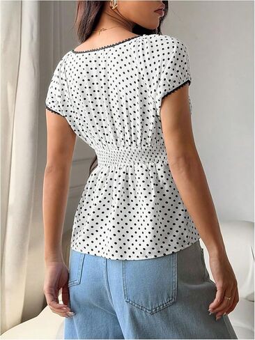 SOLY HUX Women's Polka Dots Tops Scoop Neck Cap Sleeve Vintage Aesthetic Shirts Summer Blouses in Kuwait