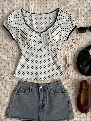 SOLY HUX Women's Polka Dots Tops Scoop Neck Cap Sleeve Vintage Aesthetic Shirts Summer Blouses in Kuwait