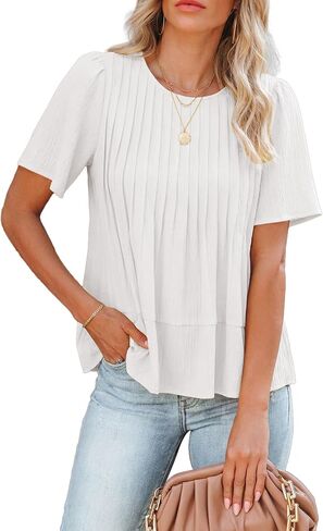Womens Summer Pleated Peplum Babydoll Puff Ruffle Short Sleeve Tops Crew Neck Cute Casual Loose Flowy Blouse Shirt in Saudi Arabia