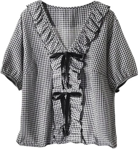 SweatyRocks Women's Plus Size Bow Gingham Blouse Ruffle V Neck Short Sleeve Cute Summer Tops in Kuwait