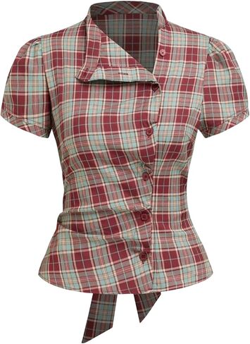 WDIRARA Women's Mandarin Collar Button Up Shirts Plaid Short Puff Sleeve Tie Back Tops in Kuwait