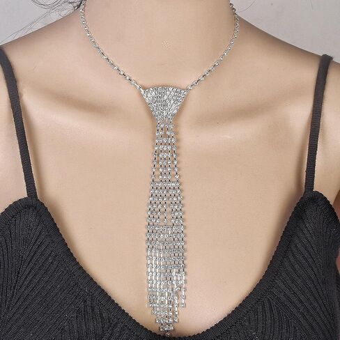 Holiberty Womens Sparkling Rhinestone Ties Adjustable Pre-Tied Neck Chain Skinny Tie Club Rave Party Glitter Necktie Necklace in Kuwait